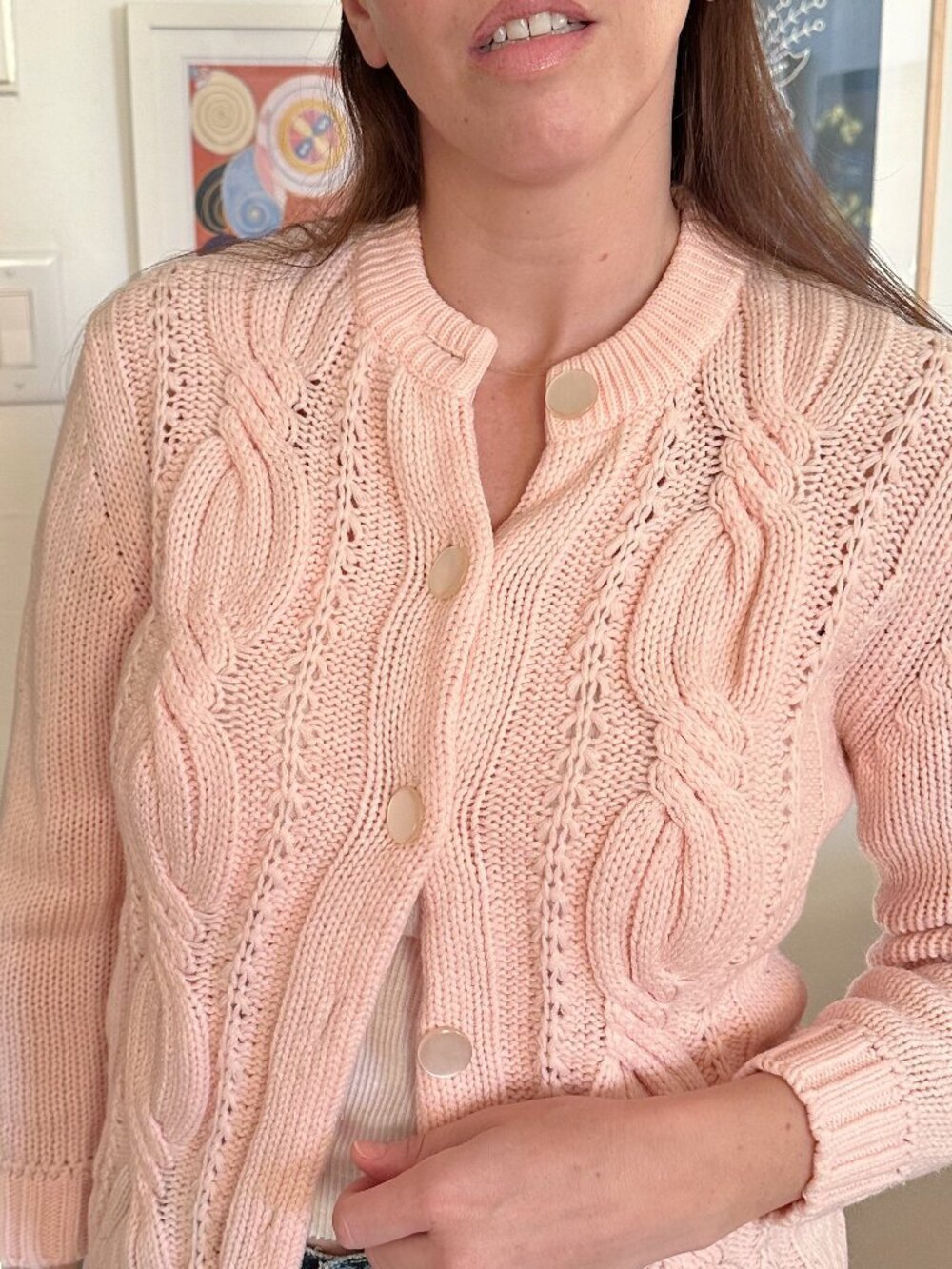 Vintage Baby Pink Cableknit Cardigan with Pearly Buttons